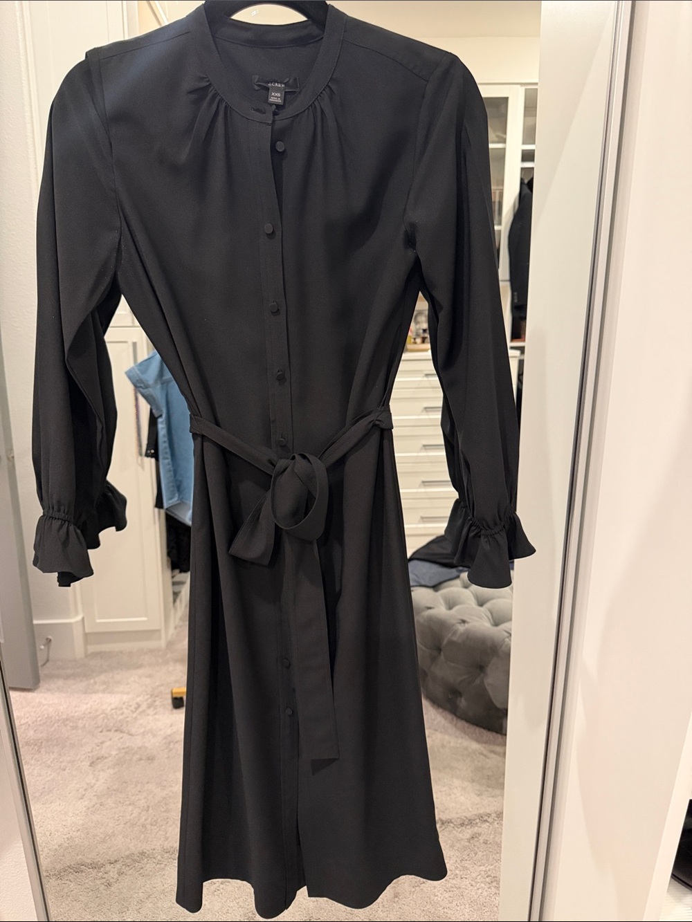 Black Knee Length Long Sleeve Button-Front Dress with Tie Waist